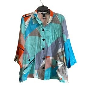 Ali Miles XLP 100% Linen Geometric Button Front Tunic Top Lagenlook Artsy Boho